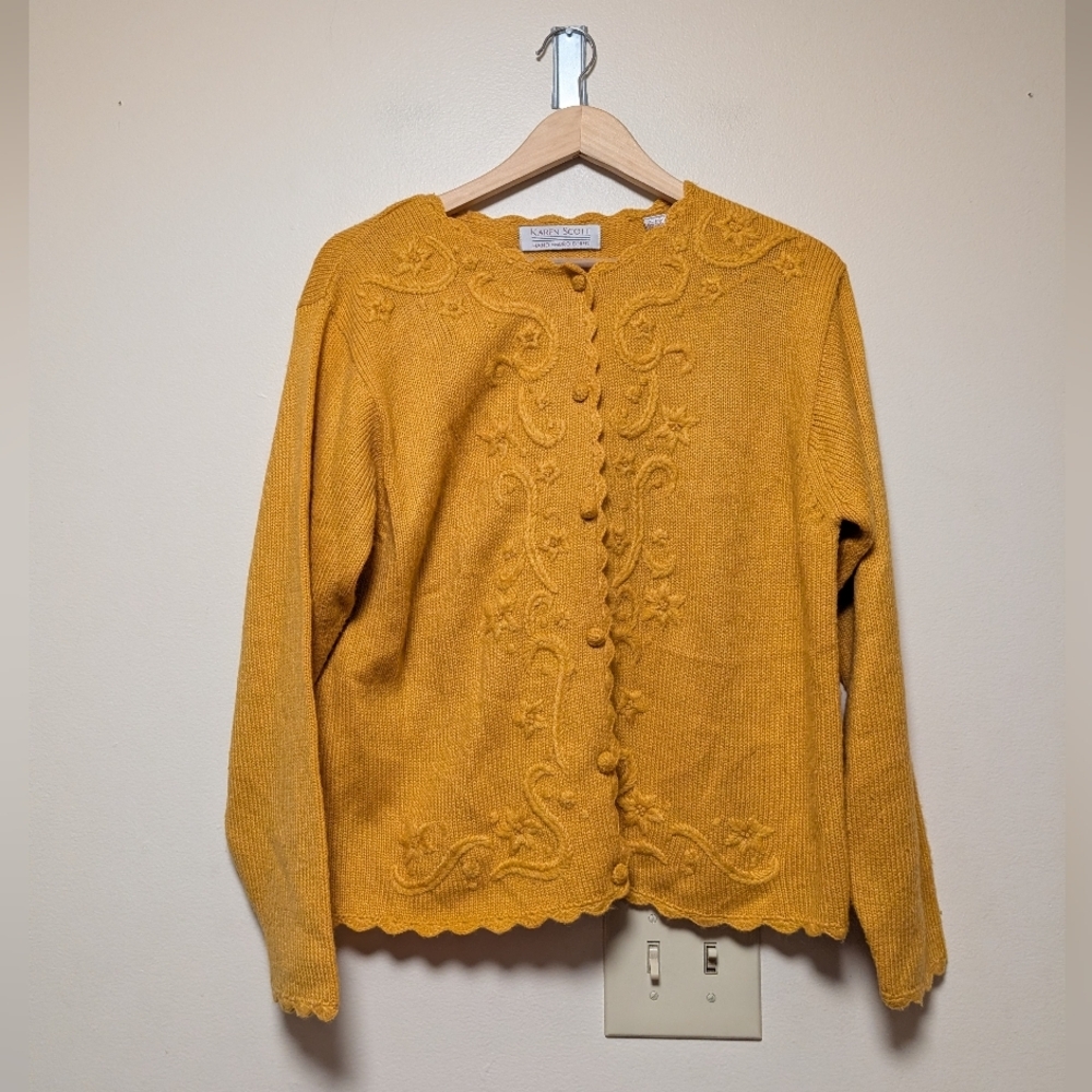 Karen Scott Hand Embroidered Cardigan Women’s Small Mustard Floral